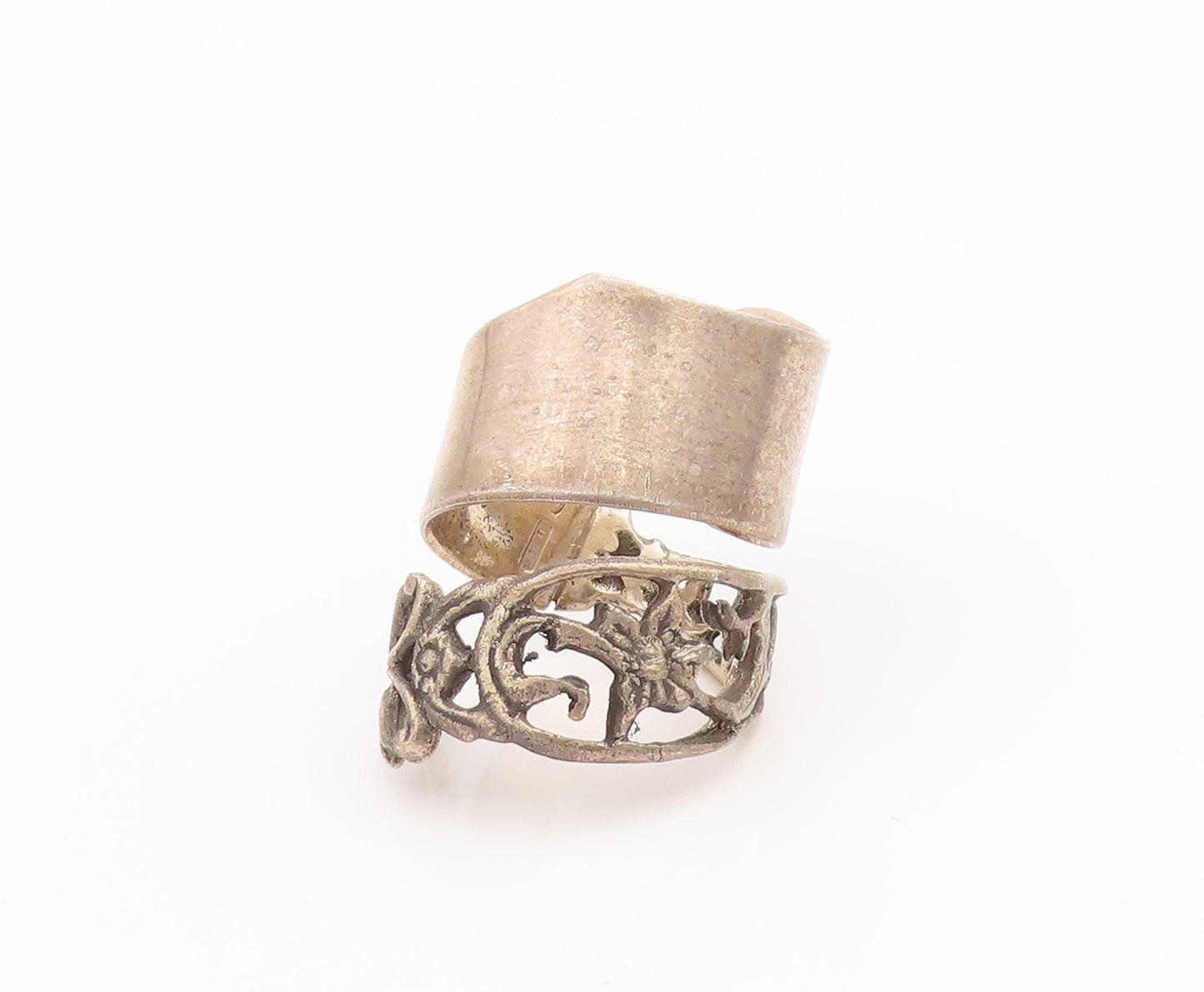 925 Sterling Silver Vintage Ring Openwork Flower Motif Cuff Band  Sz 10  RG33787