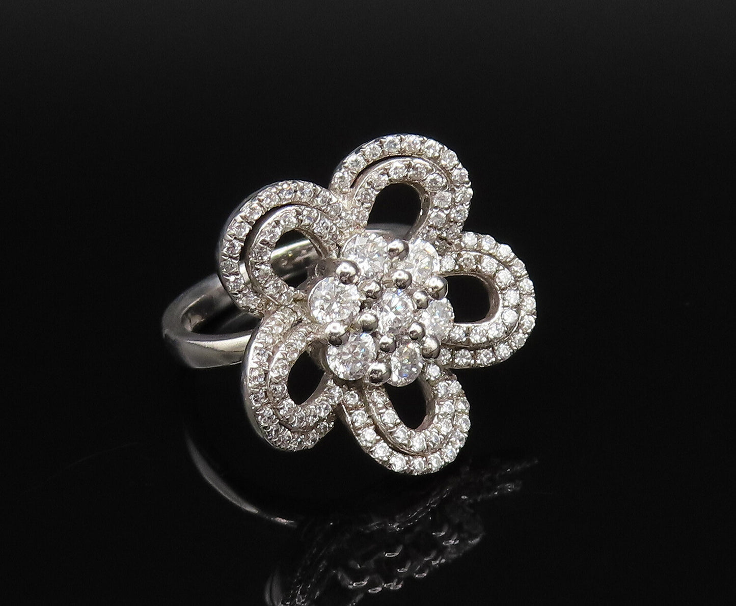 925 Sterling Silver  Vintage Openwork Cubic Zirconia Flower Ring Sz 6  RG25748