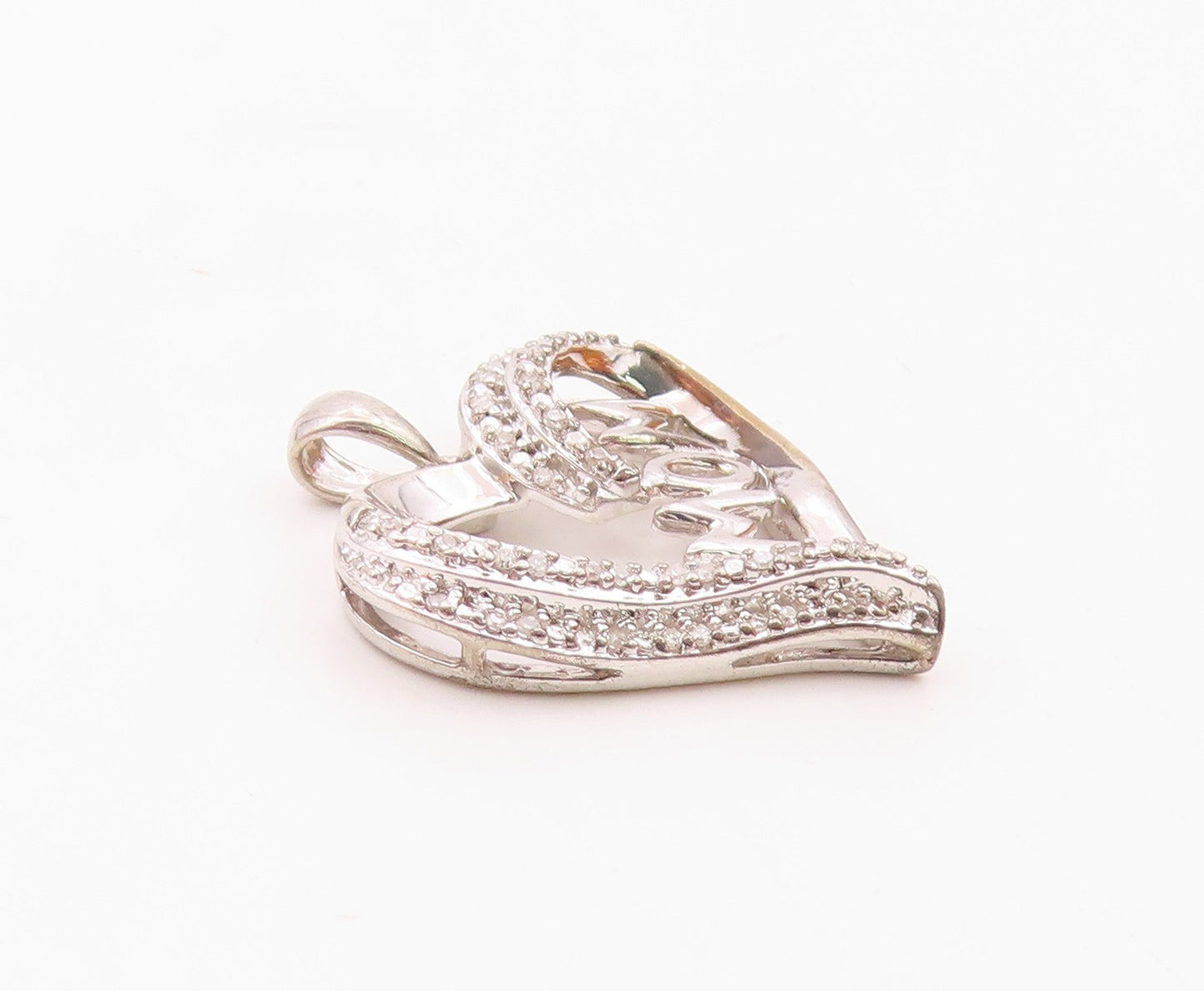 925 Sterling Silver  Shiny Genuine Diamonds Mom Love Heart Pendant  PT11935