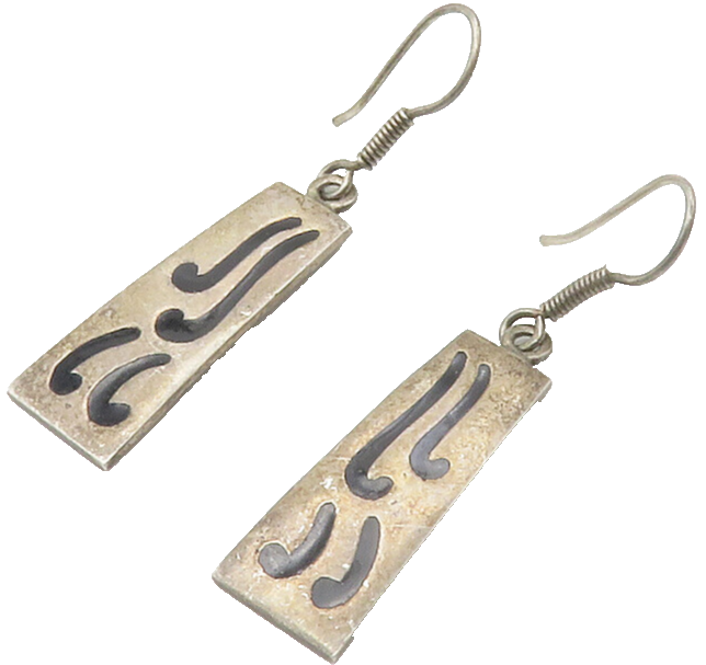 MEXICO 925 Sterling Silver  Vintage Inlaid Black Onyx Dangle Earrings  EG7419