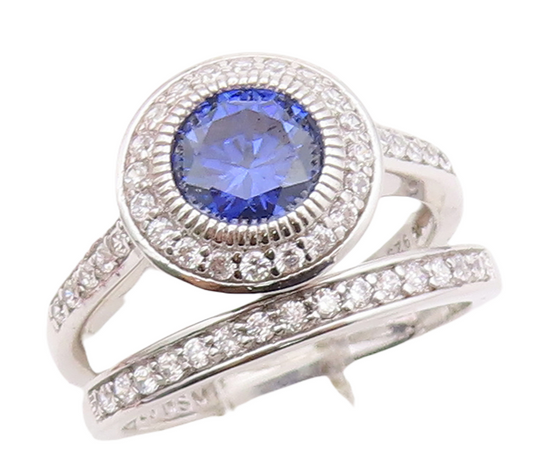 925 Sterling Silver Vintage Ring Designer Stackable Sapphire & CZ Sz 7.5 RG30874