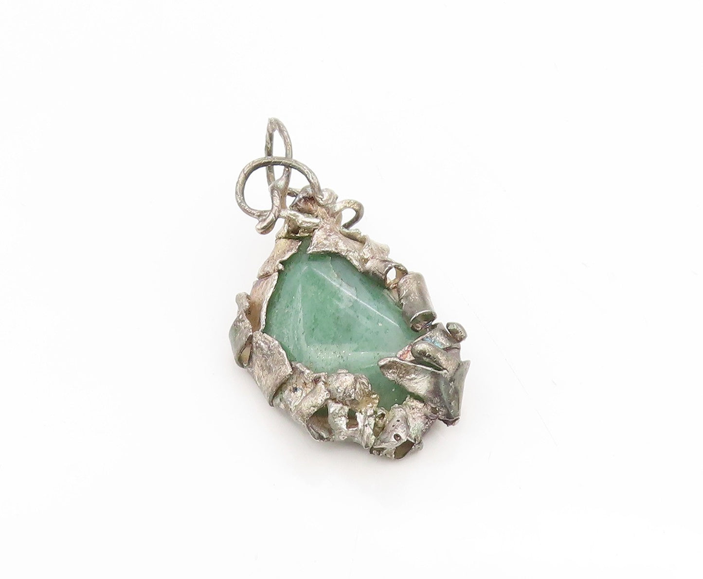 925 Sterling Silver Vintage Pendant Green Aventurine Brutalist Charm  PT25691
