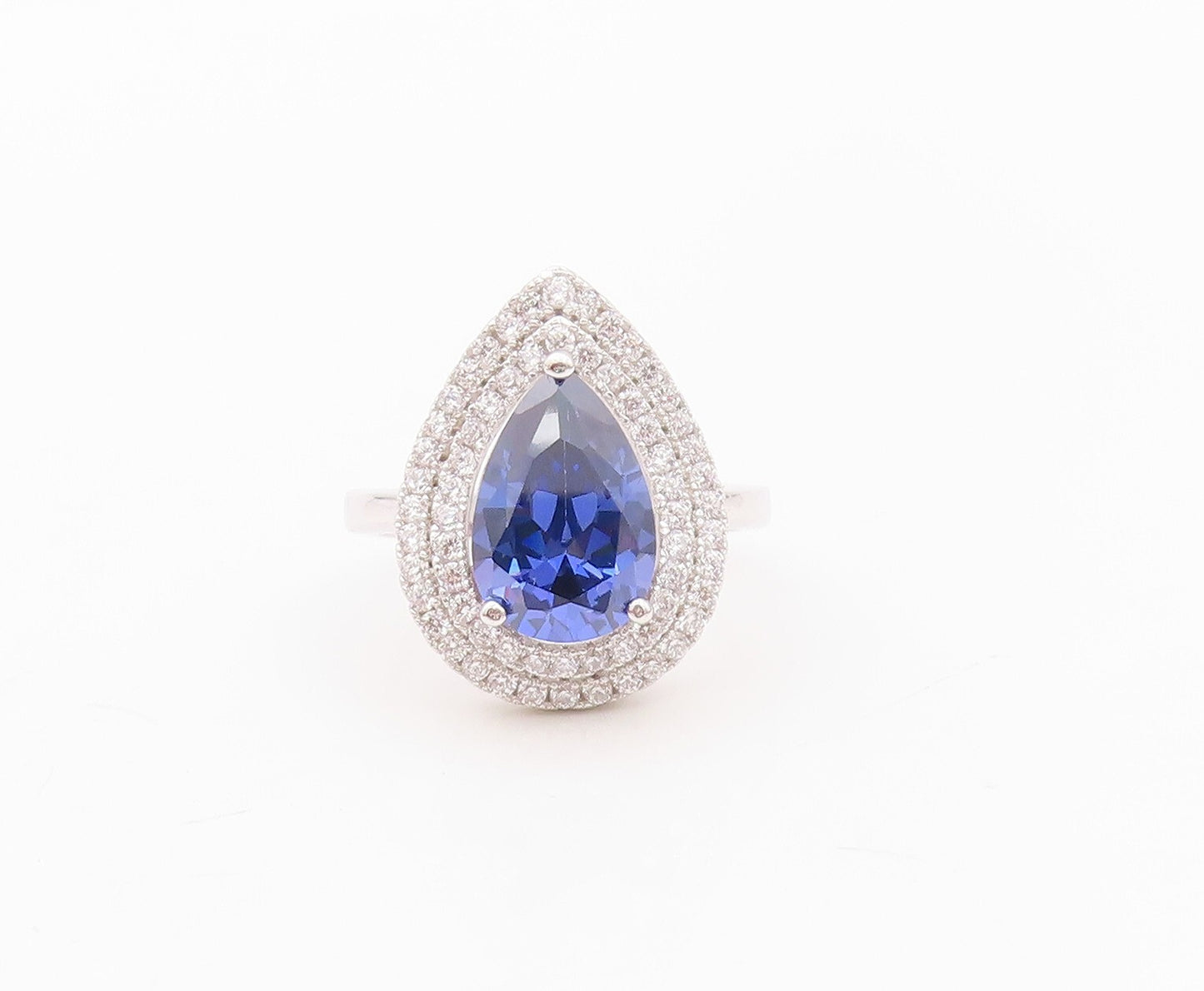 925 Sterling Silver Vintage Ring Designer Drop Cut Sapphire Halo CZ Sz 7 RG30142
