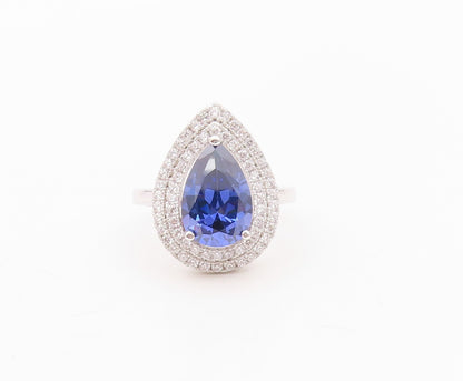 925 Sterling Silver Vintage Ring Designer Drop Cut Sapphire Halo CZ Sz 7 RG30142