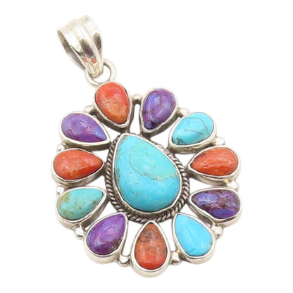 925 Sterling Silver Vintage Pendant Cabochon Gemstone Floral Cluster  PT26352