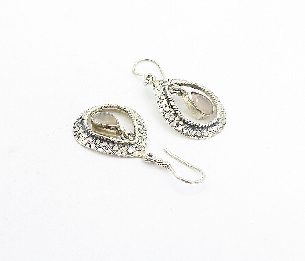 925 Sterling Silver  Vintage Tear Drop Quartz Patterned Dangle Earrings EG3713