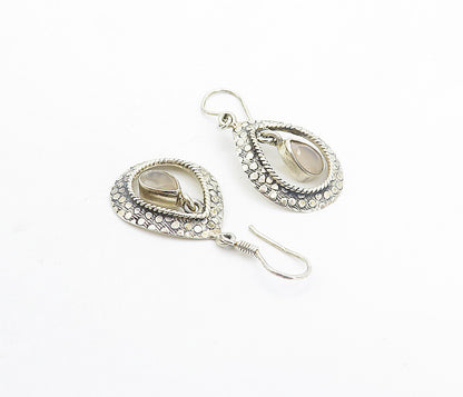 925 Sterling Silver  Vintage Tear Drop Quartz Patterned Dangle Earrings EG3713