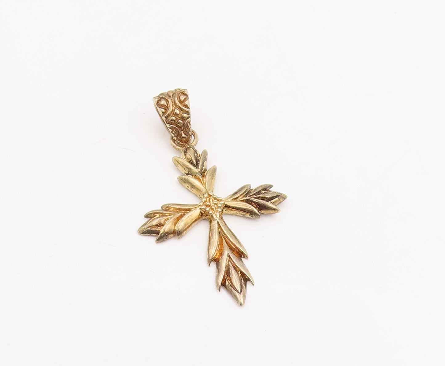 925 Sterling Silver Vintage Pendant Gold Plated Leaf Design Holy Cross  PT25893