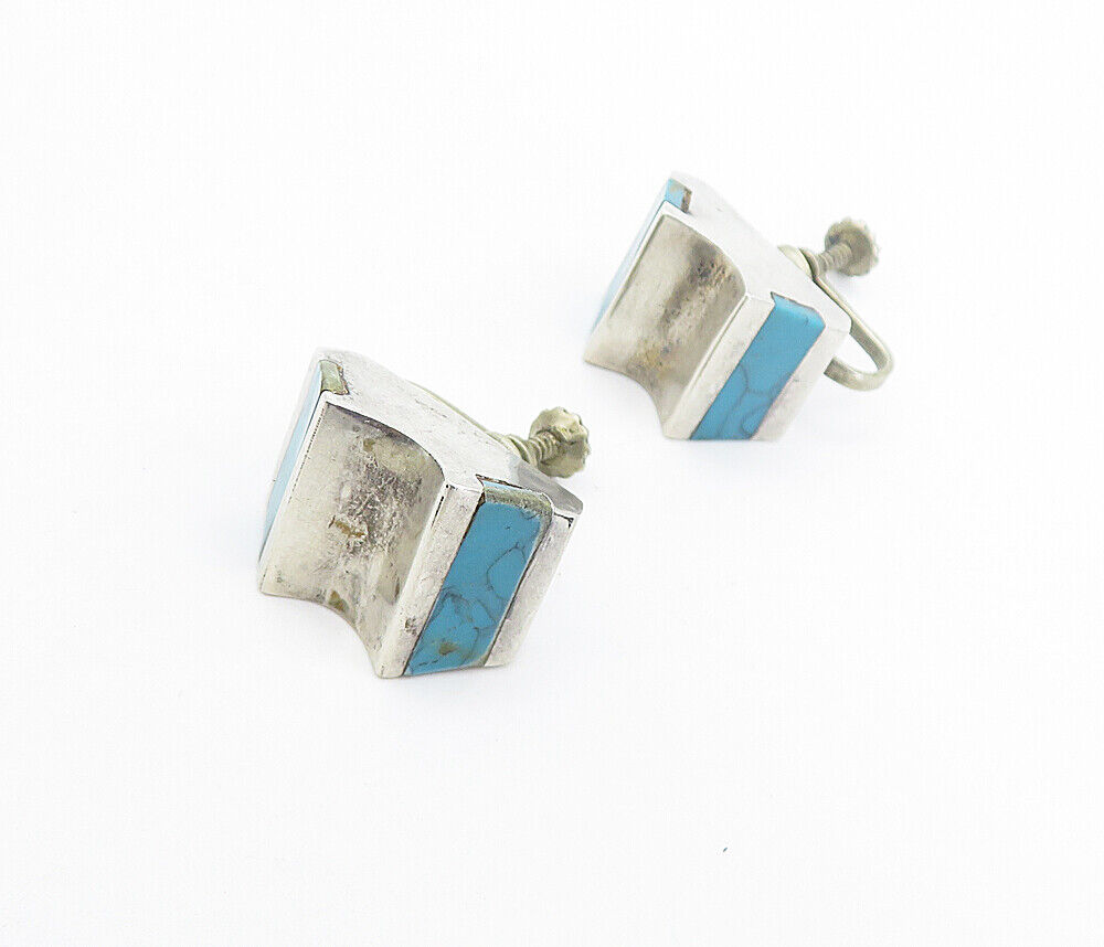 MEXICO 925 Silver  Vintage Inlaid Turquoise Non Pierce Screw Earrings  EG3330