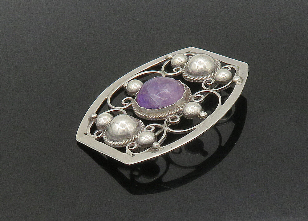 MEXICO 925 Sterling Silver  Vintage Amethyst Pretzel Swirl Brooch Pin  BP8989