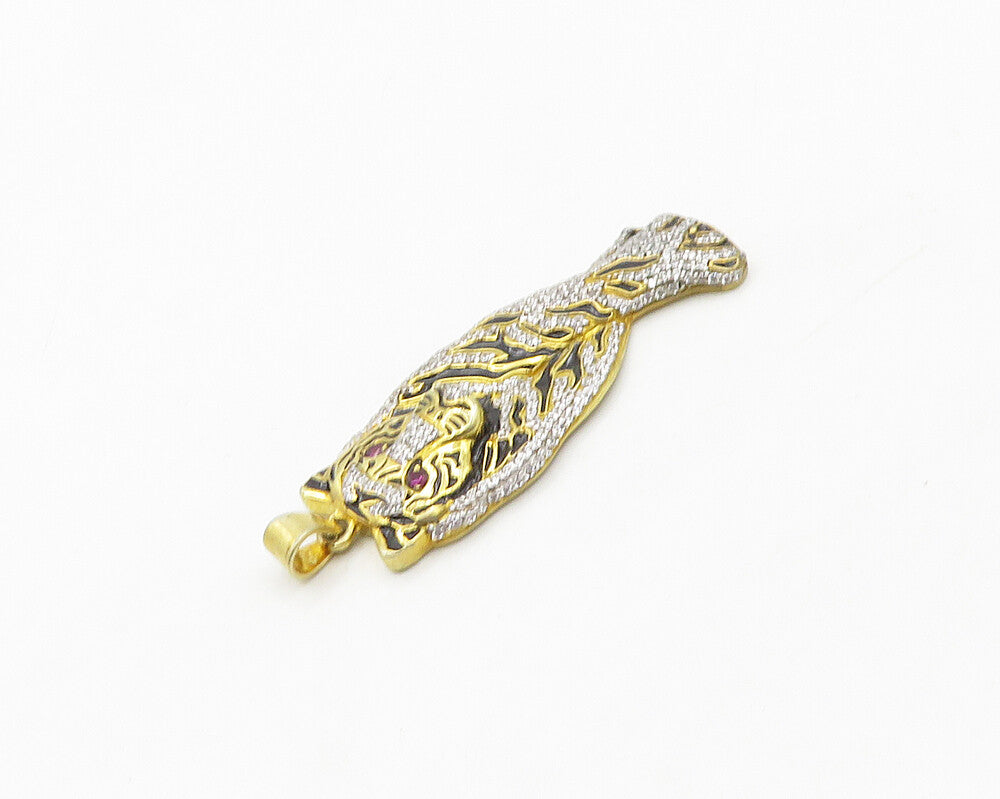 925 Sterling Silver  Shiny Topaz Gold Plated Tiger Motif Pendant  PT14373