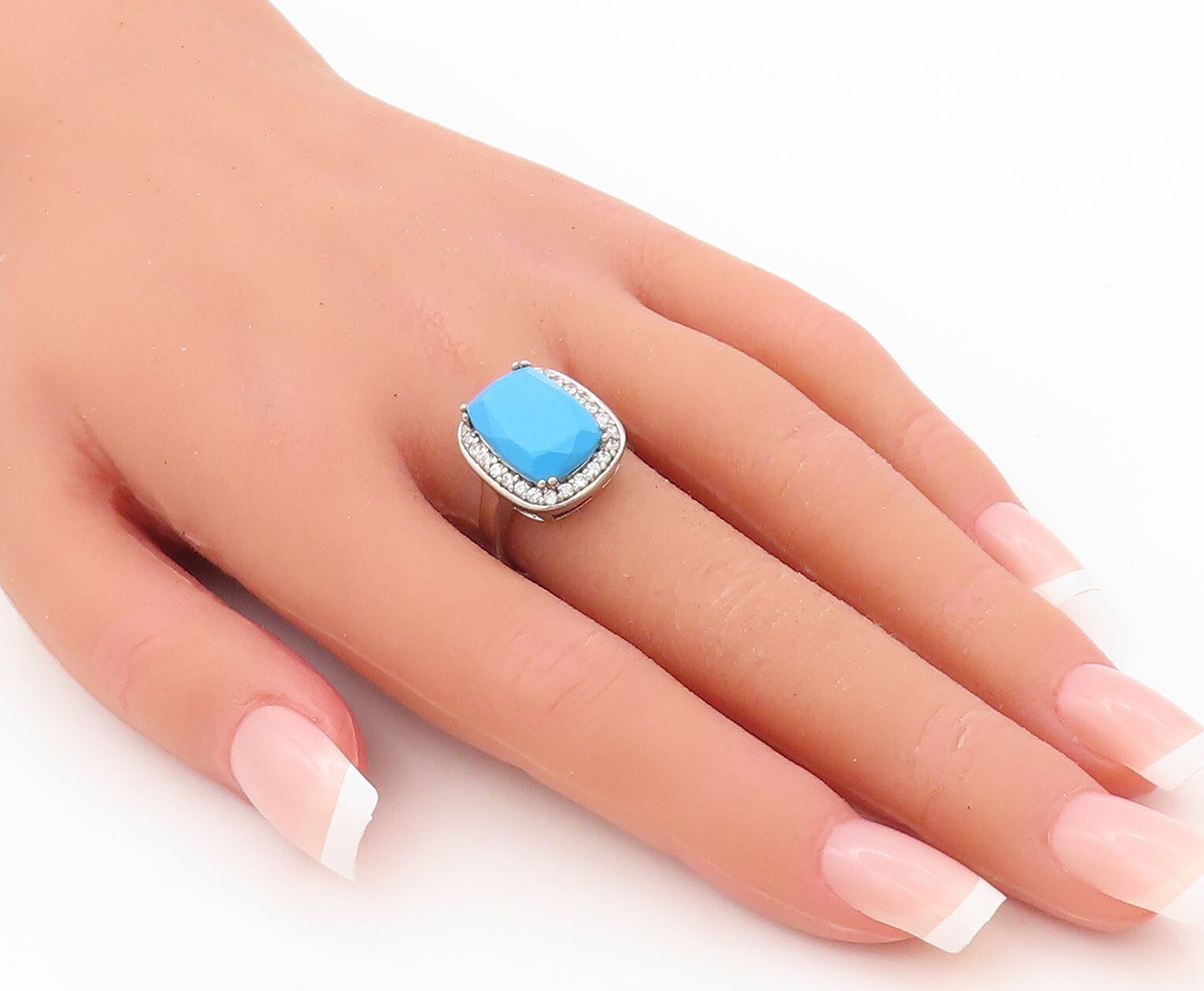 925 Sterling Silver Vintage Ring Rectangle Cut Turquoise Halo CZ  Sz 7  RG30297