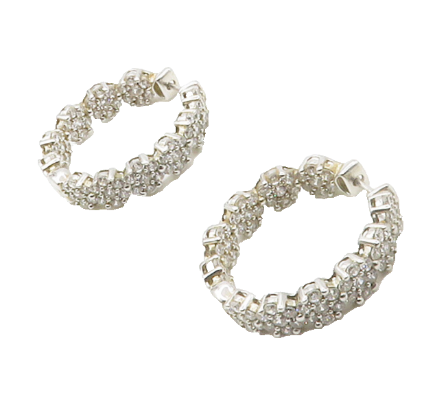 925 Sterling Silver  Cubic Zirconia Floral Cluster Shiny Hoop Earrings  EG8775