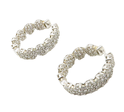 925 Sterling Silver  Cubic Zirconia Floral Cluster Shiny Hoop Earrings  EG8775