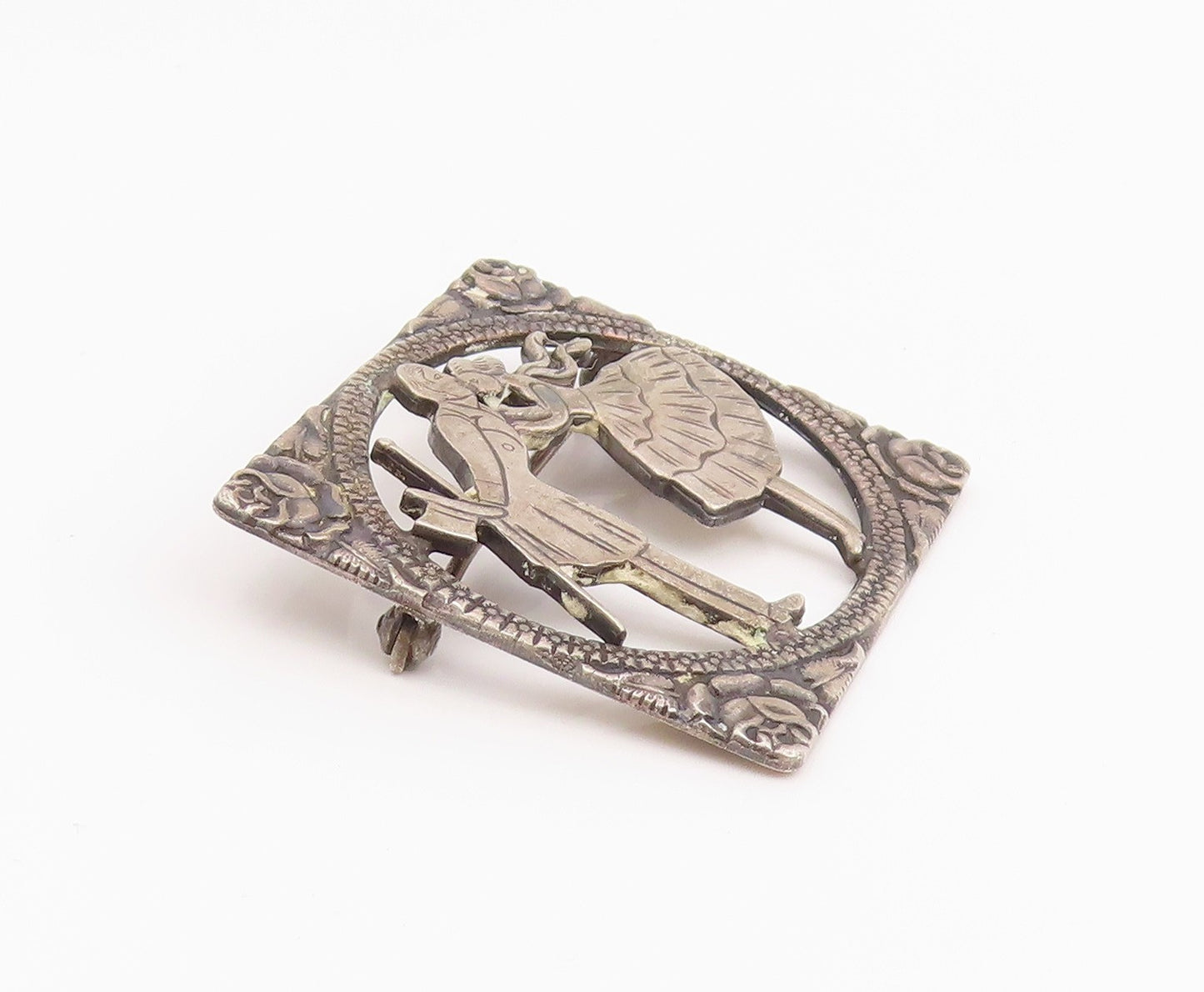 925 Sterling Silver Vintage Brooch Pin Floral Framed Kissing Couple  BP12458