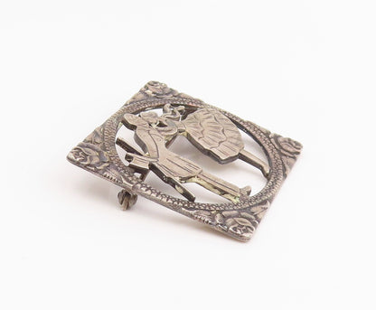 925 Sterling Silver Vintage Brooch Pin Floral Framed Kissing Couple  BP12458