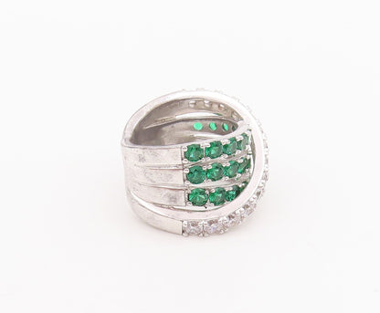 925 Sterling Silver Vintage Ring Designer Green & White CZ Bands  Sz 7  RG29593