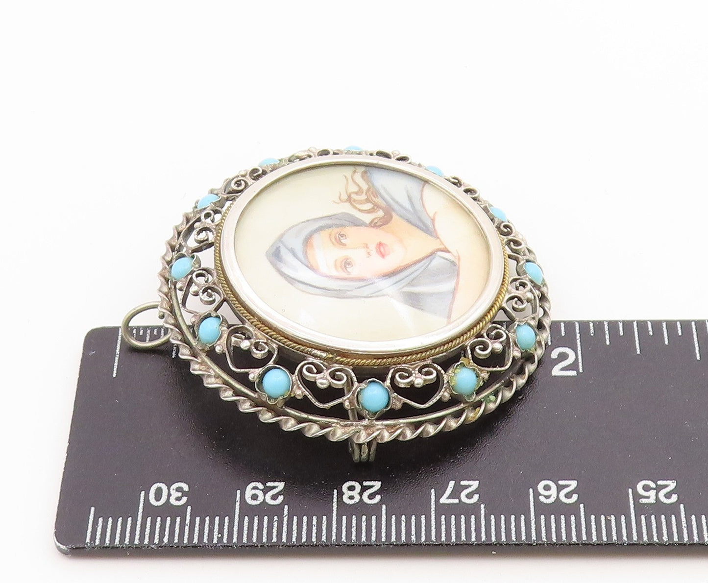 925 Sterling Silver Vintage Brooch Pin Turquoise Openwork Lady Portrait  BP12647