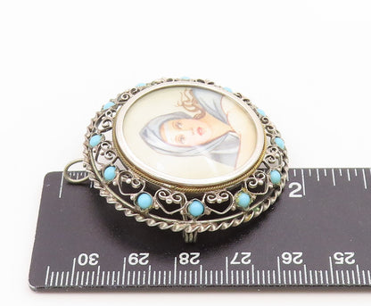 925 Sterling Silver Vintage Brooch Pin Turquoise Openwork Lady Portrait  BP12647