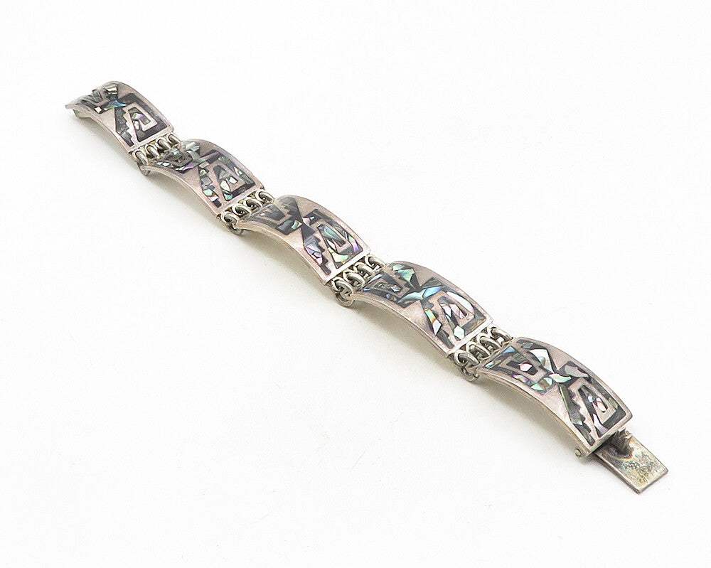 MEXICO 925 Sterling Silver  Vintage Abalone Shell Mosaic Chain Bracelet BT4411