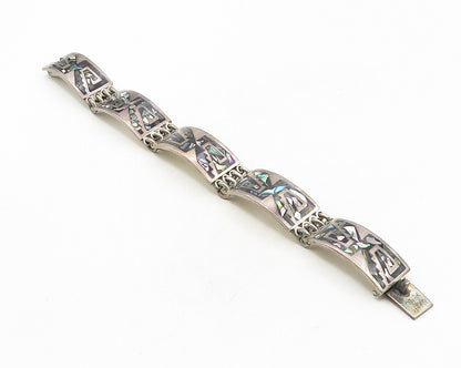MEXICO 925 Sterling Silver  Vintage Abalone Shell Mosaic Chain Bracelet BT4411