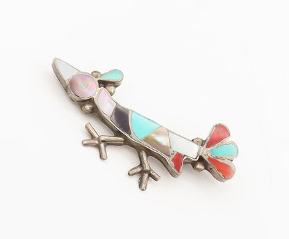 ZUNI NAVAJO 925 Silver - Vintage Inlay Multi Stone Sparrow Brooch Pin - BP10370