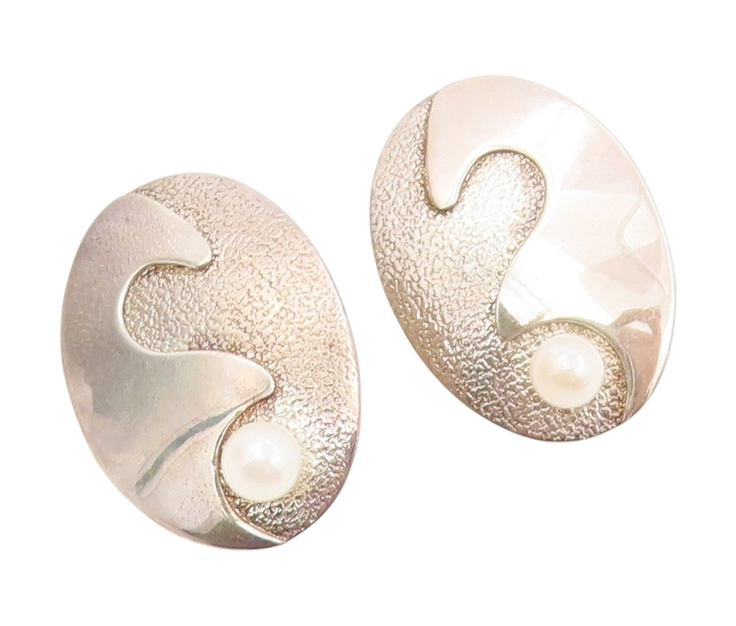 925 Sterling Silver Vintage Earrings Round Pearl Carved Yin Yang Stud  EG13996