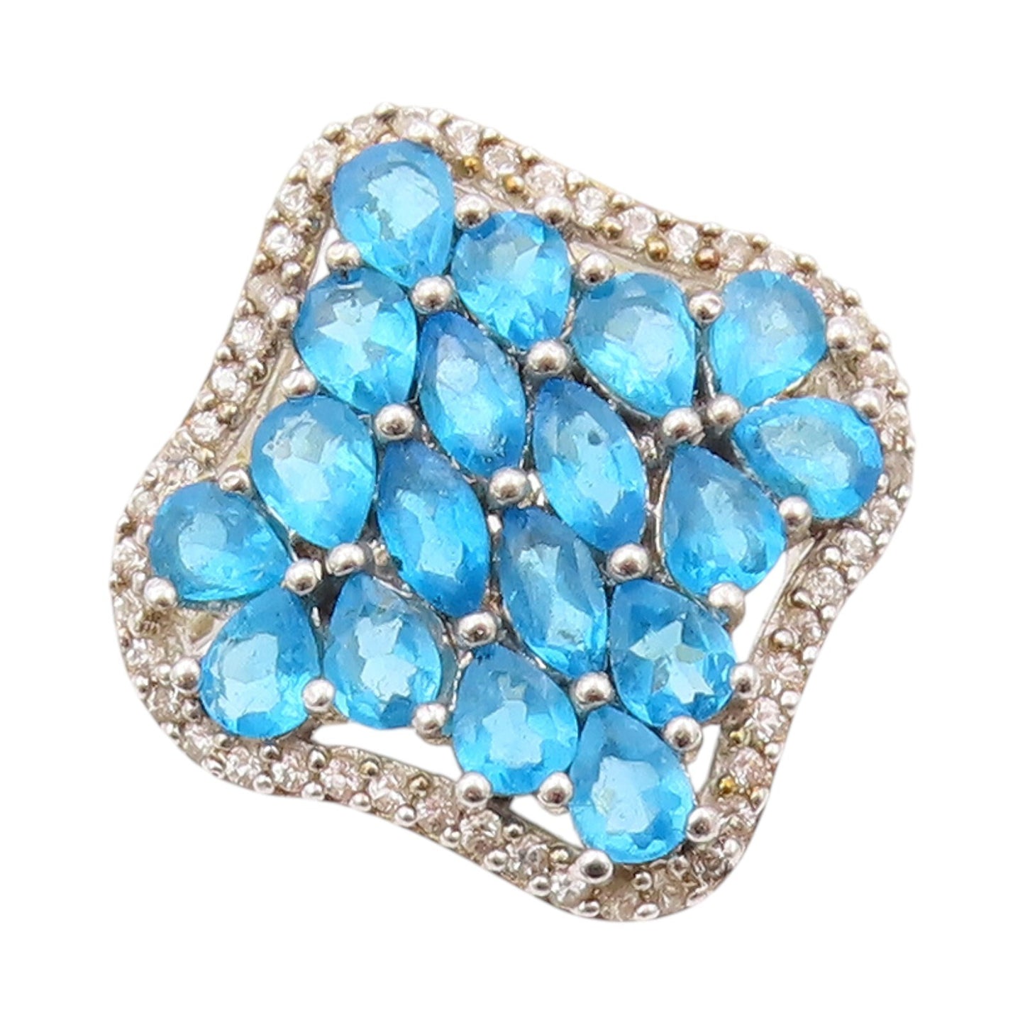 925 Sterling Silver Vintage Ring Drop Cut Blue & White CZ Inlay  SZ 10  RG32039