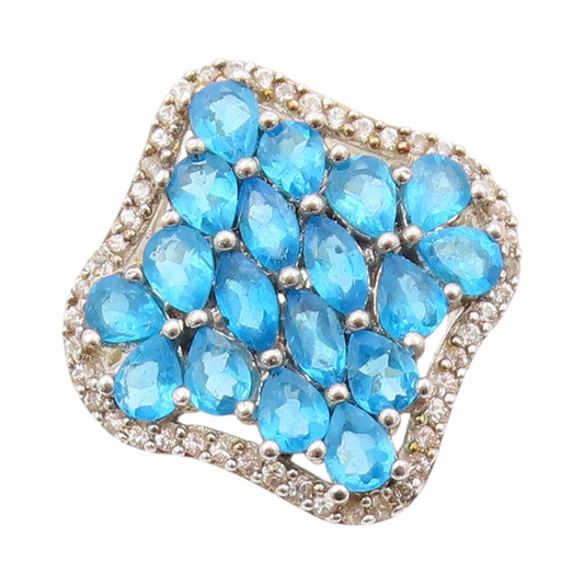 925 Sterling Silver Vintage Ring Drop Cut Blue & White CZ Inlay  SZ 10  RG32039