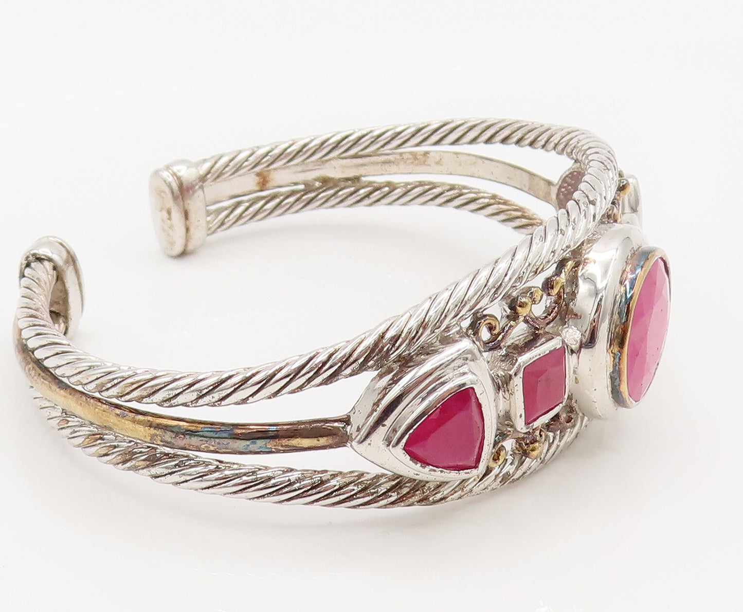925 Silver  Vintage Two Tone Multi Shape Ruby Openwork Cuff Bracelet  BT9782