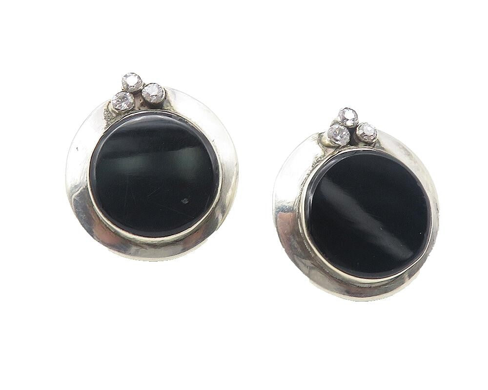 925 Sterling Silver  Vintage Black Onyx & Topaz Round Drop Earrings  EG6250