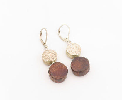 925 Sterling Silver Vintage Earrings Modernist Geometric Wood Dangles  EG13810