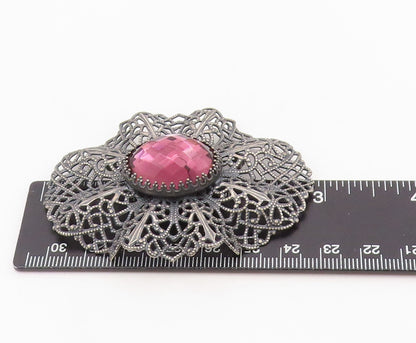 925 Sterling Silver Vintage Brooch Faceted Pink Topaz Openwork Petal  BP12096