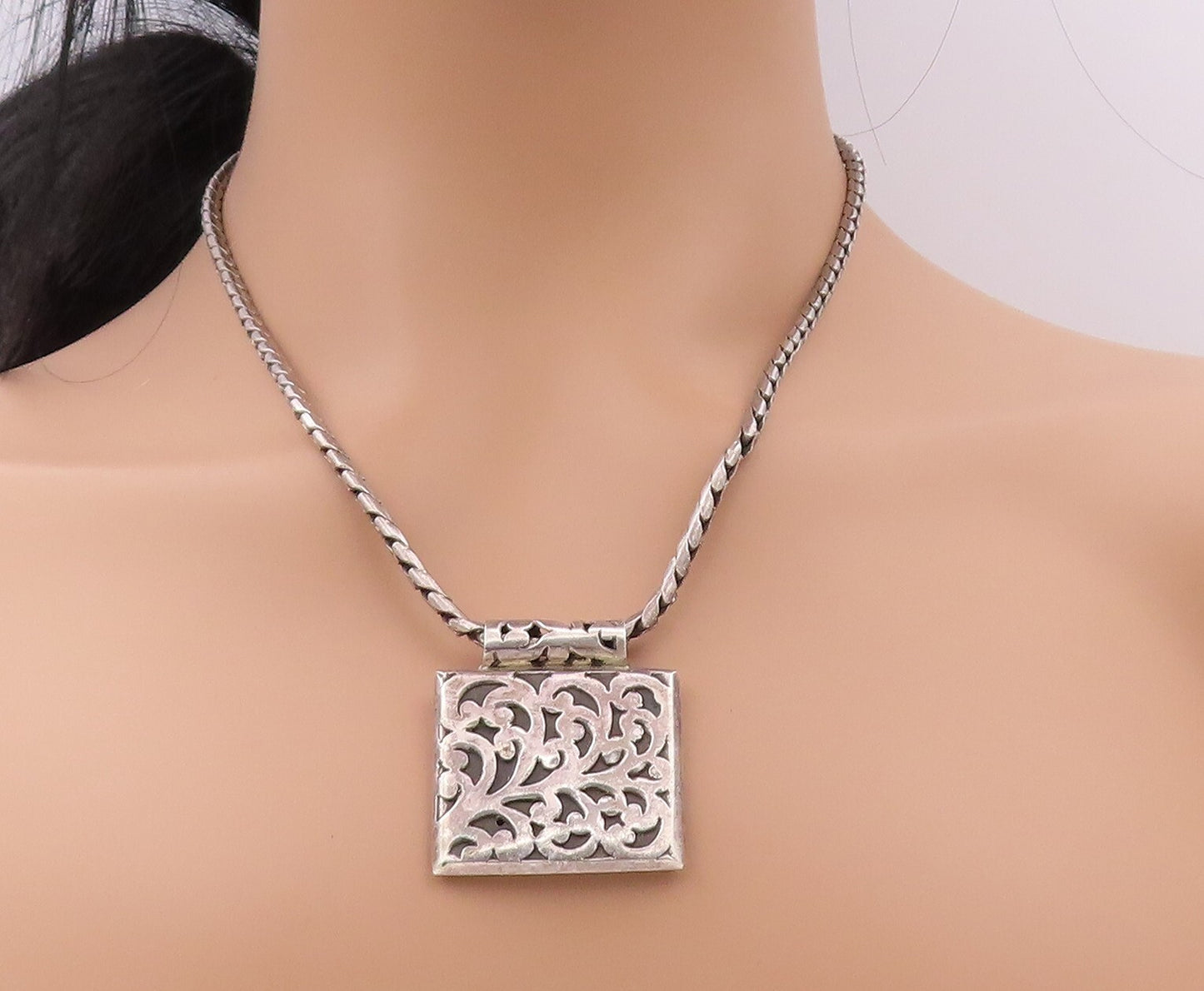 925 Sterling Silver Vintage Necklace Dark Tone Swirly Carved Square  NE4385