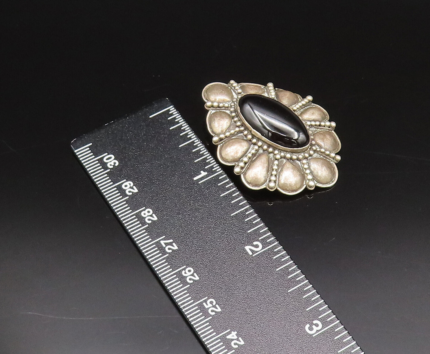 BALI 925 Sterling Silver Vintage Floral Black Onyx Clip Back Earrings EG12295