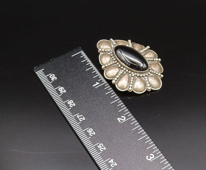 BALI 925 Sterling Silver Vintage Floral Black Onyx Clip Back Earrings EG12295