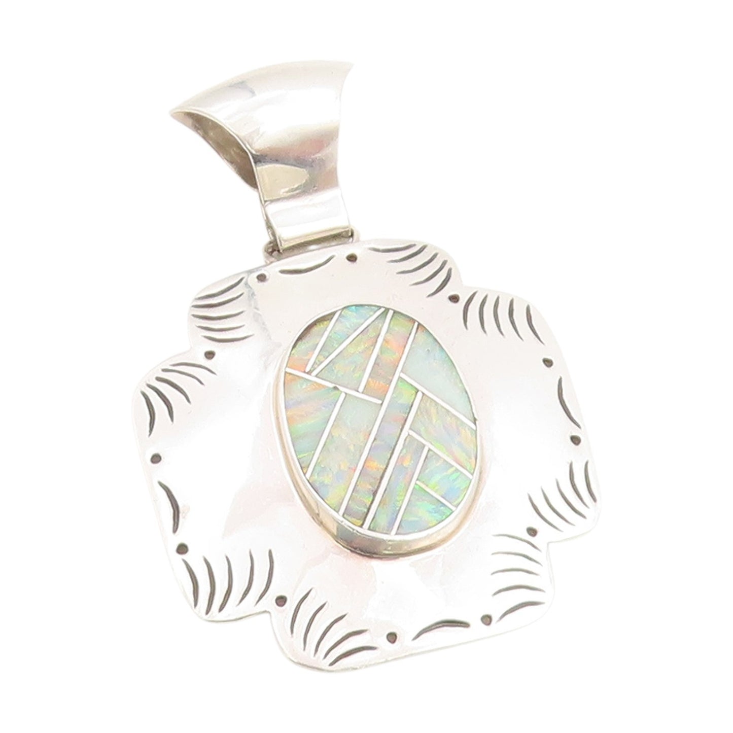 925 Sterling Silver Vintage Pendant NAVAJO Fire Opal Inlay Etched Design PT25159