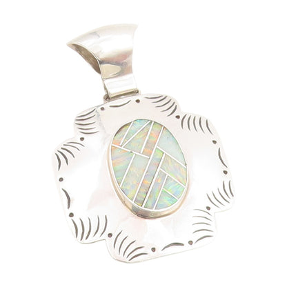 925 Sterling Silver Vintage Pendant NAVAJO Fire Opal Inlay Etched Design PT25159
