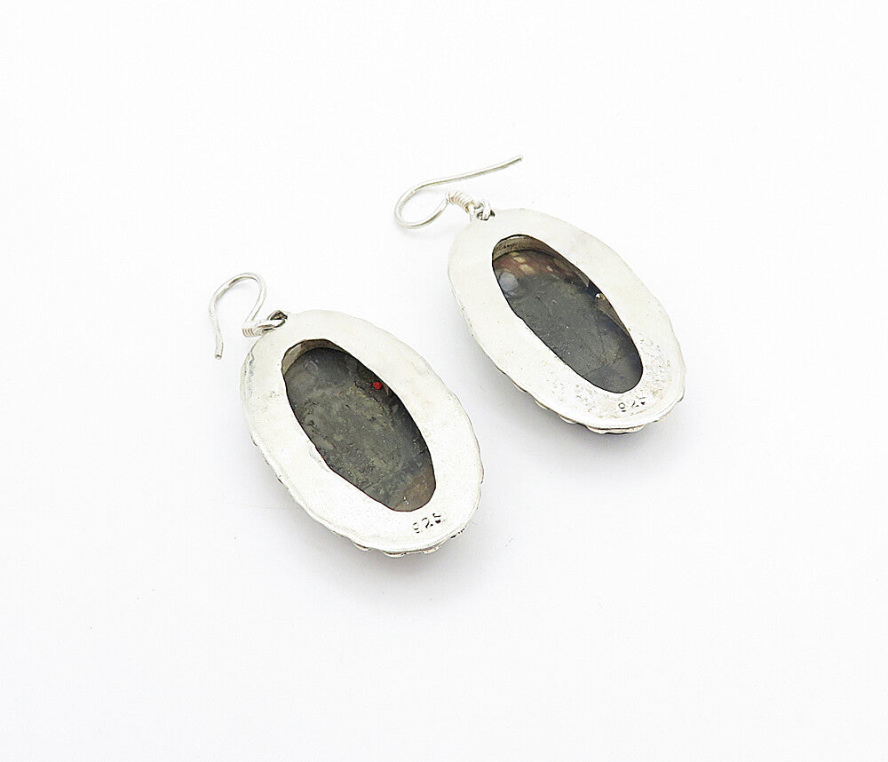 925 Sterling Silver  Vintage Jasper Circle Border Oval Dangle Earrings  EG3212