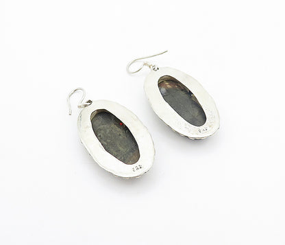 925 Sterling Silver  Vintage Jasper Circle Border Oval Dangle Earrings  EG3212