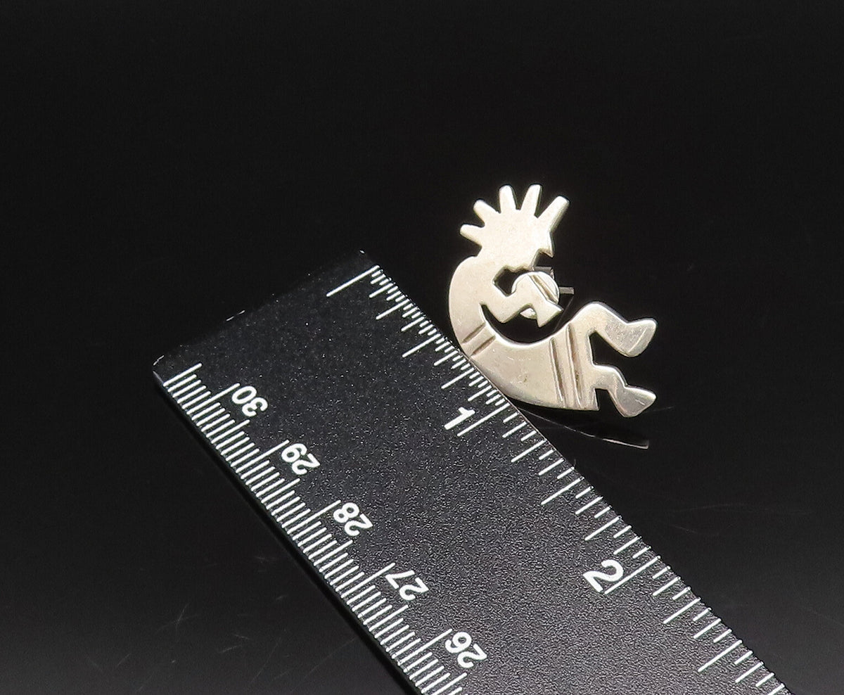 MEXICO 925 Silver  Vintage Carved Kokopelli Dancer Stud Earrings  EG12198