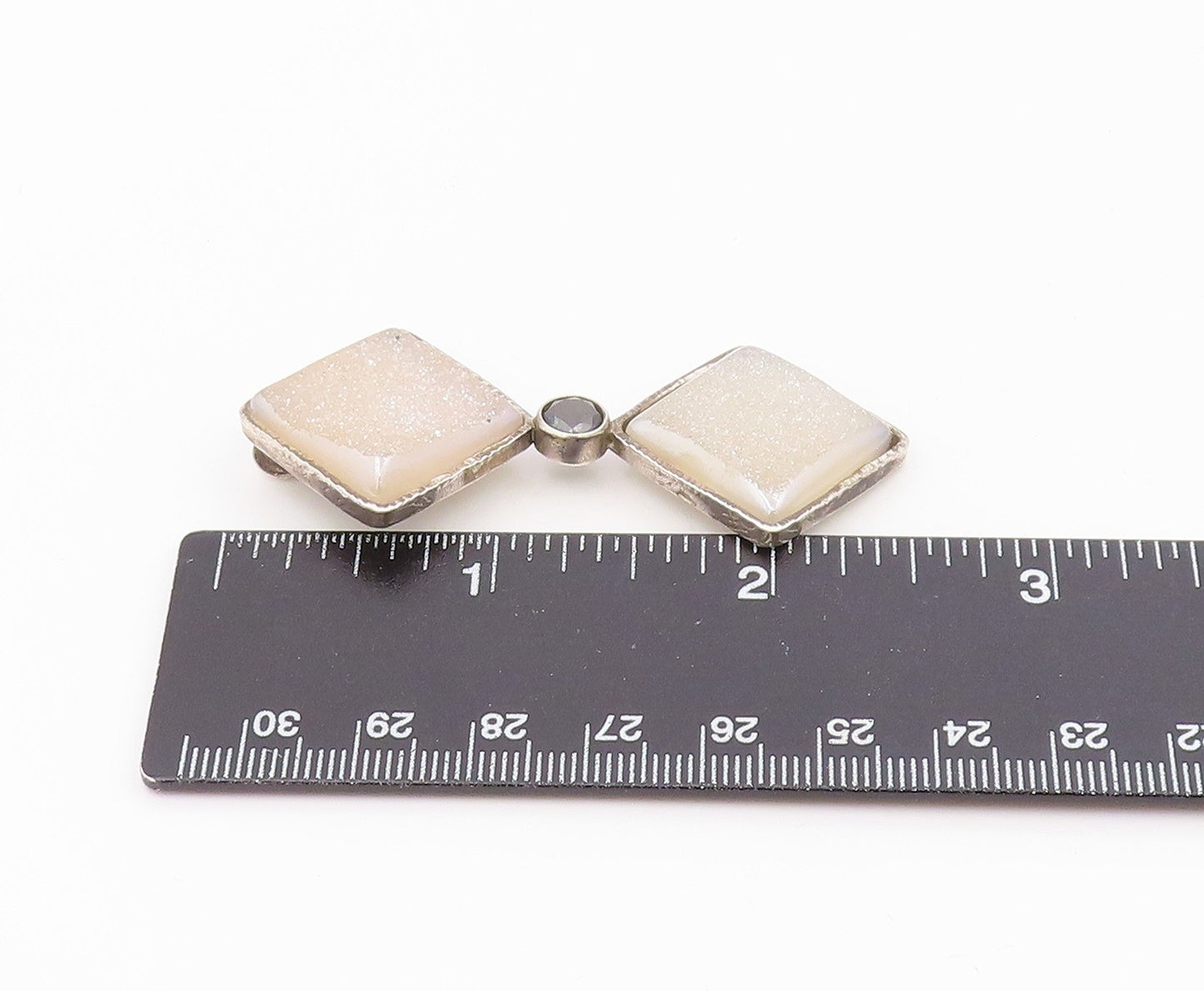 925 Sterling Silver  Vintage White Druzy Stone & Hematite Pendant  PT14295