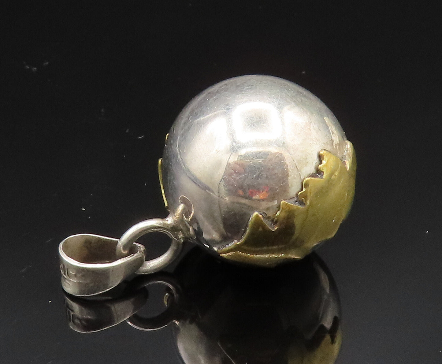 MEXICO 925 Silver  Vintage Two Tone Tree Sphere Ball Pendant (RATTLES) PT20793