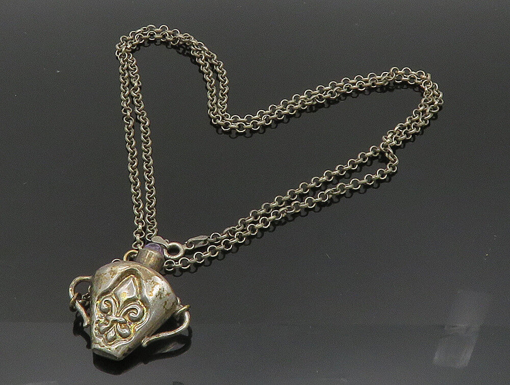 925 Silver  Vintage Antique Fleur De Lis Amethyst Tea Cup Necklace  NE3835