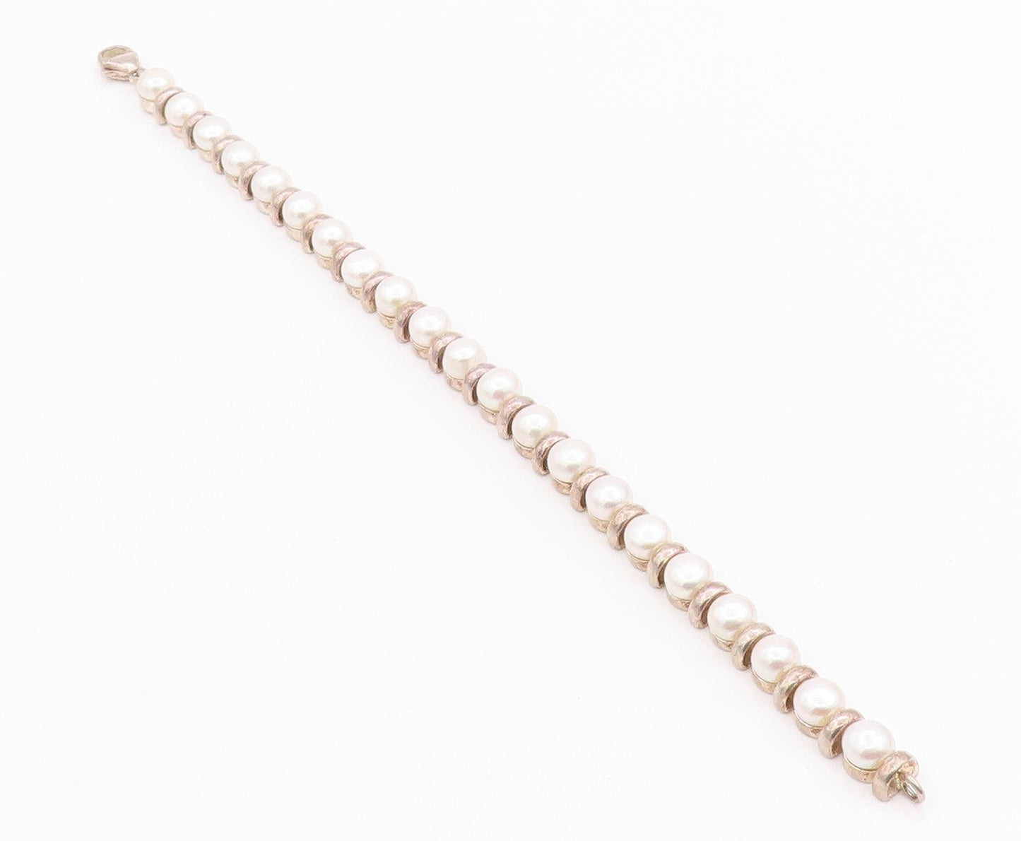 925 Sterling Silver Vintage Bracelet Disk & Pearl Band  BT11348