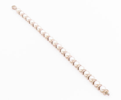 925 Sterling Silver Vintage Bracelet Disk & Pearl Band  BT11348