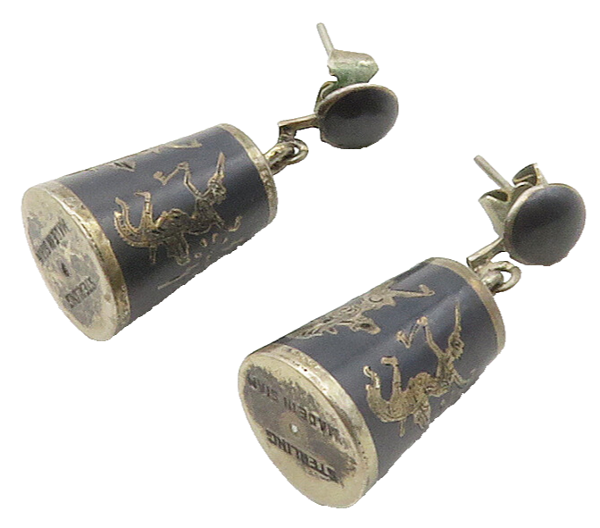SIAM 925 Sterling Silver  Vintage Enamel Niello Dancer Drop Earrings  EG7793