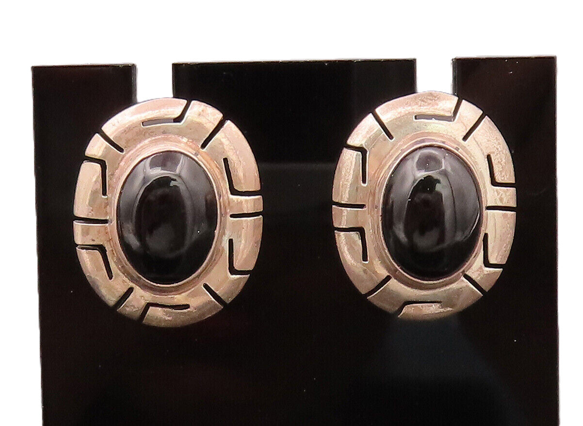 MEXICO 925 Sterling Silver Vintage Onyx Cutout Carved Oval Earrings EG12476