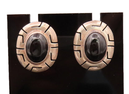 MEXICO 925 Sterling Silver Vintage Onyx Cutout Carved Oval Earrings EG12476