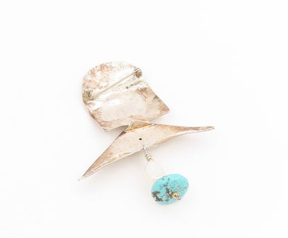 14k Gold & 925 Sterling Silver Vintage Brooch Modernist Turquoise Drop  BP12213